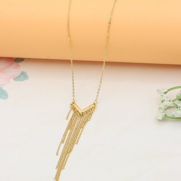 Trendy Gold-Plated Yellow Necklace with Cascading Chain Tassels, XPNL0386 - Picture 8 of 13